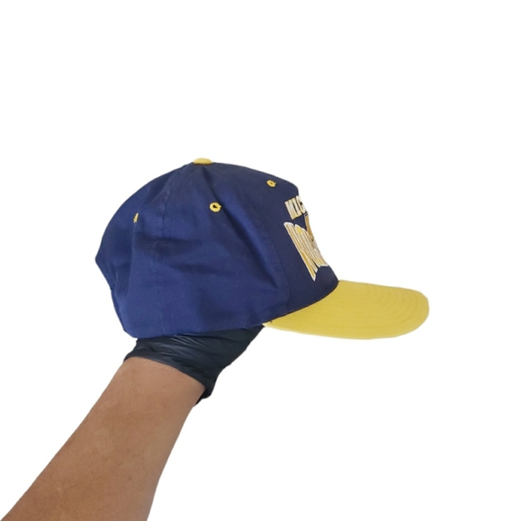 VTG 80s Michigan Wolverines Spellout University Snapback Cap Hat Snap Blue and y - Picture 7 of 15
